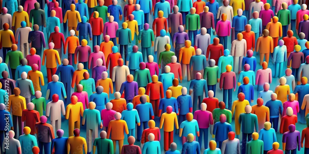 Obraz premium Colorful Crowd Top-Down View of Diverse 3D Figures, Unity, Diversity, Community Diversity, 3D rendering