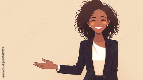 Smiling professional woman in business attire gesturing with open hand