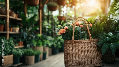 A wicker basket filled with lush green plants and blooming flowers sits in a sun-drenched greenhouse, embodying natural beauty and tranquility. photo