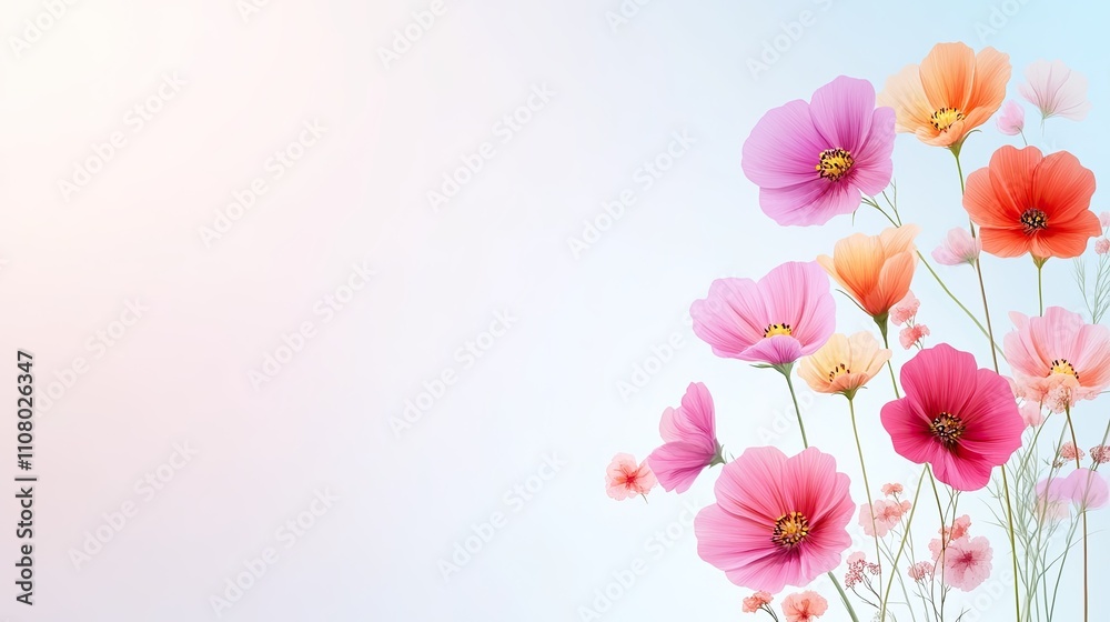 Naklejka premium A vibrant arrangement of colorful flowers against a soft pastel background, perfect for spring or nature-themed projects.
