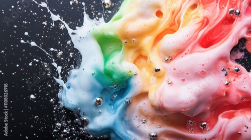 Vibrant swirls of colorful liquids energetically splash against a stark black backdrop, creating a dynamic and striking visual artistic presentation. photo