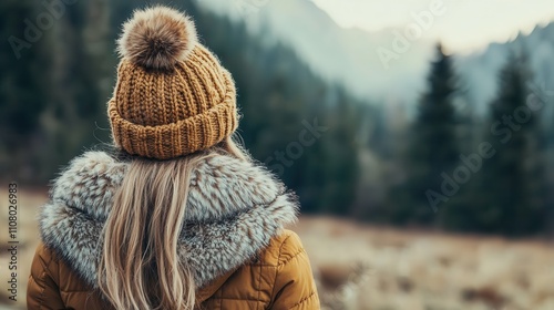 A woman wearing a cozy knit beanie and fur-lined parka stands in a beautiful winter landscape, hinting at warmth and comfort amidst the natural surroundings. photo