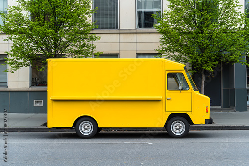 Bright yellow food truck parked on an urban street, showcasing a vibrant and inviting design, ready to serve delicious street food in a bustling city setting