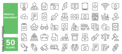 Set of 50 line icons related to medical document, doctor, prescription, diagnosis, report, checkup, hospital, form, inventory, sheet, Editable stroke. Vector illustration