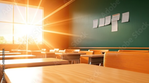 Bright classroom with sunlight streaming through the window, creating an inspiring learning environment. photo