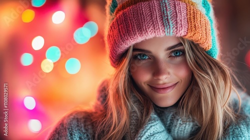 A young woman in a knitted hat and cozy attire, smiling softly amidst colorful bokeh lights that create a warm and festive atmosphere, exuding comfort and joy. photo