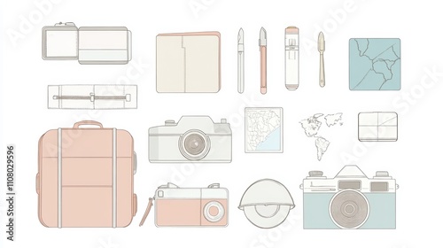 Travel essentials illustration for millennials line art collection featuring gray travel gear and accessories photo