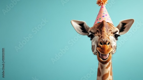 A jubilant giraffe wearing a festive party hat, exuding happiness with its open-mouthed smile against a blue background, invoking humor and liveliness. photo