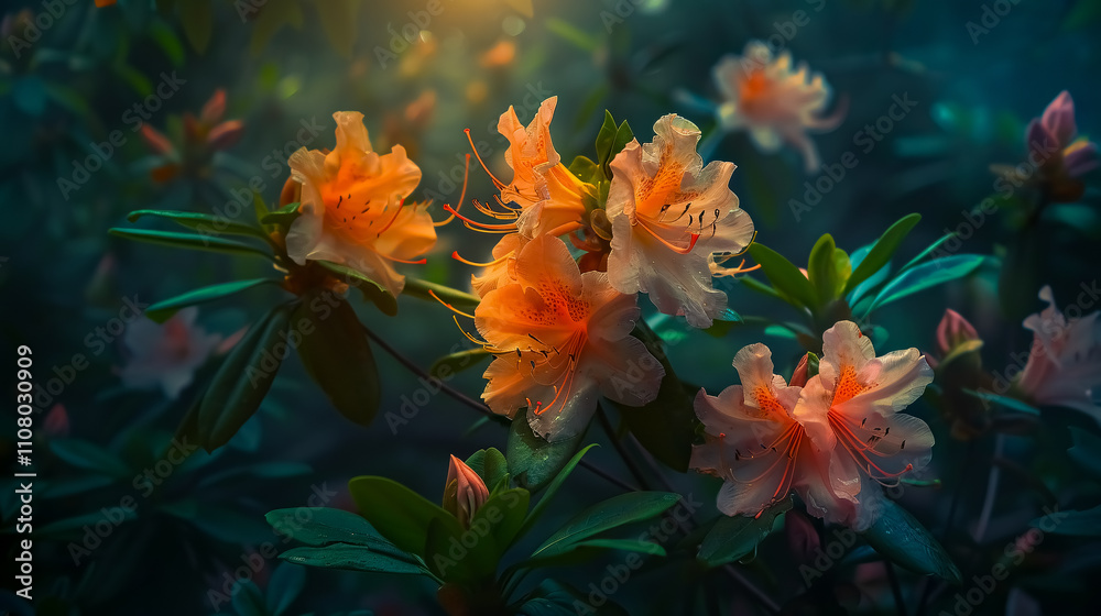 Fototapeta premium Summer azalea and rhododendron flowers as natural treasures, set against a dark background with mystical lighting