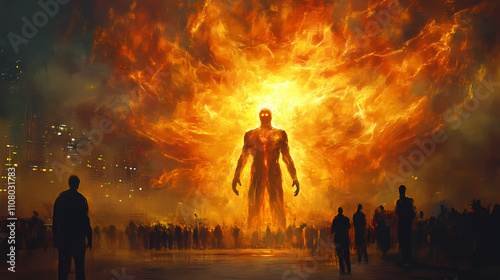 Man stands defiantly before a fiery spectral figure and a crowd. Spectral. Illustration photo