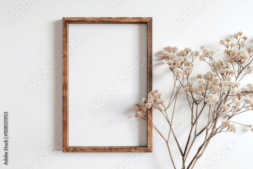 Photo frame mockup on white background with wooden frame.