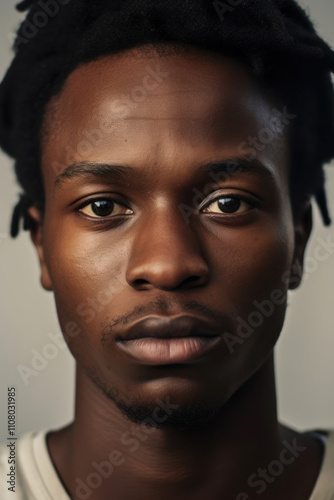 Portrait of a person of African ethnicity with bright facial features, an expression of warmth and confidence. Ethnic style culture.