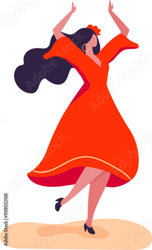 Energetic flamenco dancer in vibrant red dress and flower, gracefully moving arms and tapping feet, expressing passion and artistry through traditional spanish dance