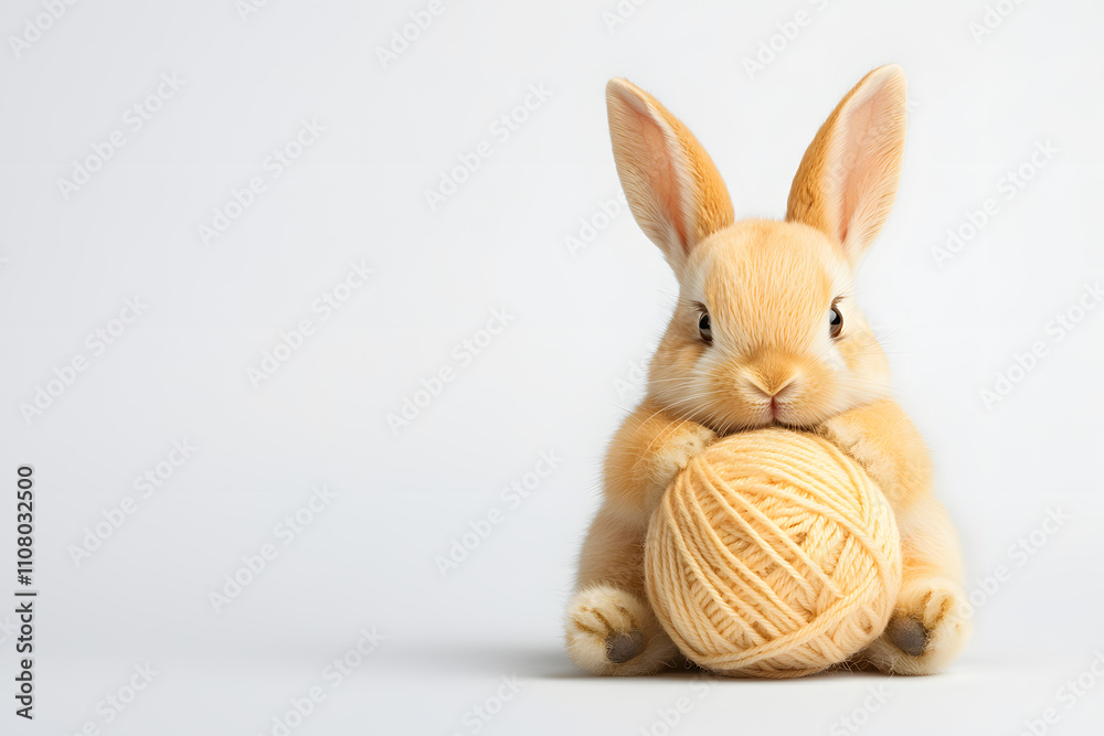 Fototapeta premium Bunny playing with a ball of yarn, showcasing a cute and playful moment, with soft textures and a cozy, charming atmosphere