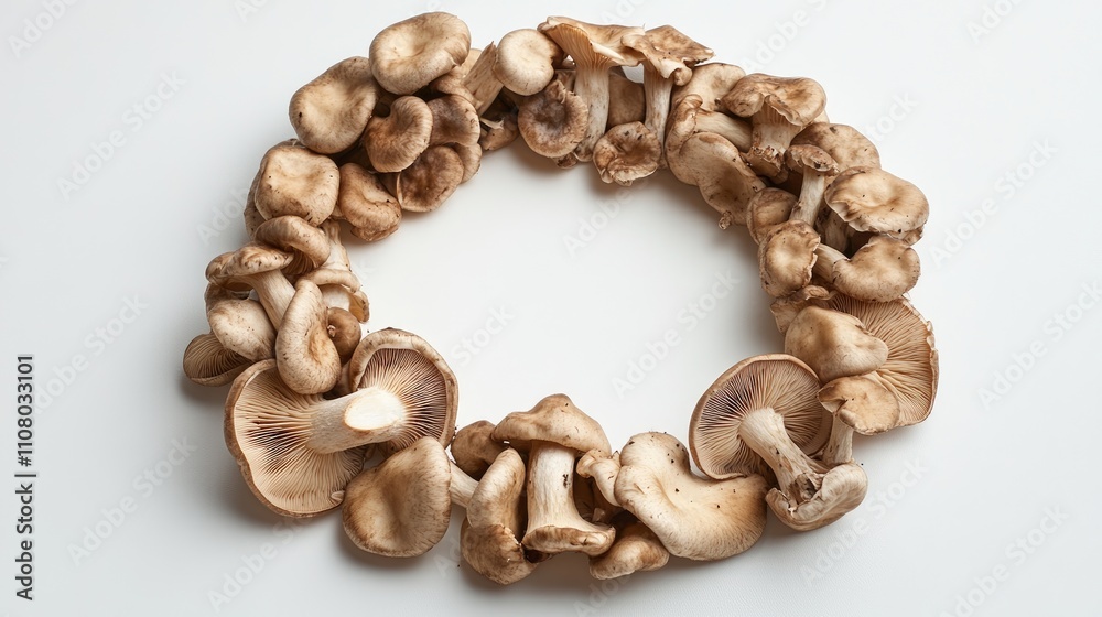 A creative arrangement of mushrooms forming a circle on a flat white backdrop. A creative arrangement of mushrooms forming a circle on a flat white backdrop.