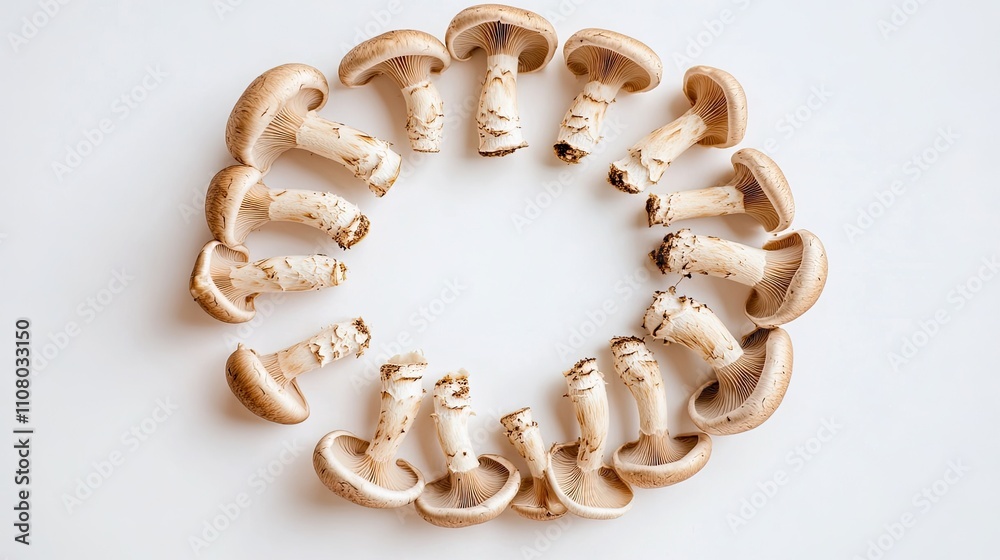 Obraz premium A creative arrangement of mushrooms forming a circle on a flat white backdrop.