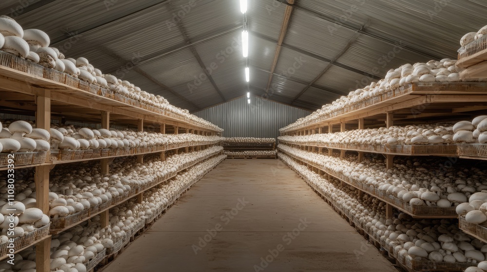 Fototapeta premium A mushroom farm with rows of cultivated mushrooms in a controlled indoor environment. -