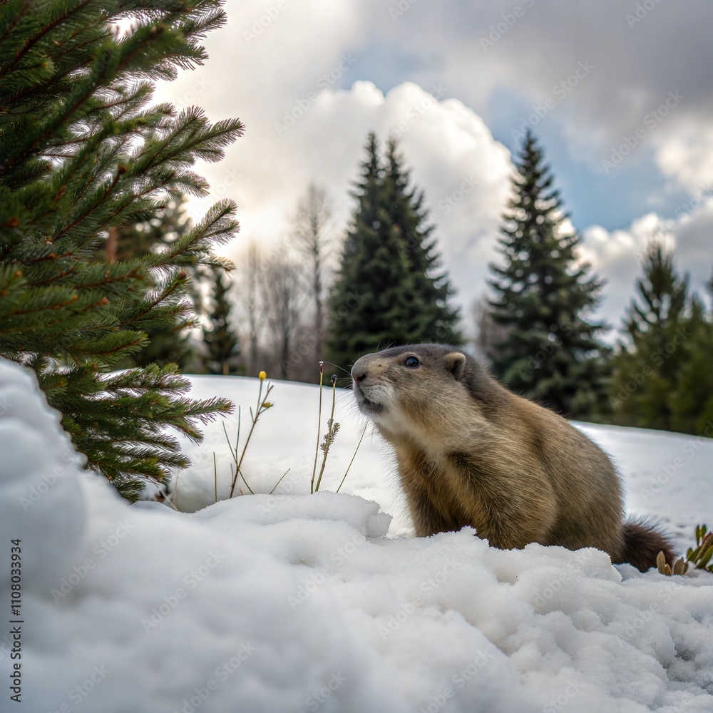Obraz premium Punksatoni Phil in a winter setting surrounded by snow