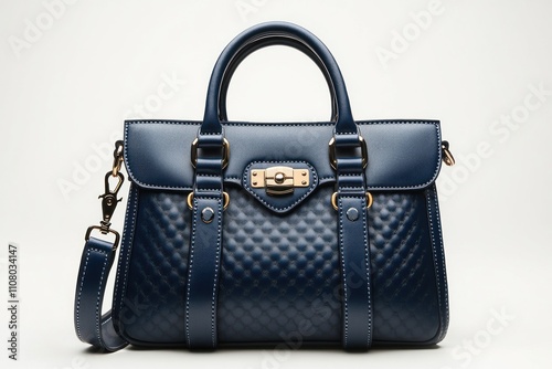 Stylish navy blue quilted leather handbag with top handles and detachable shoulder strap. photo