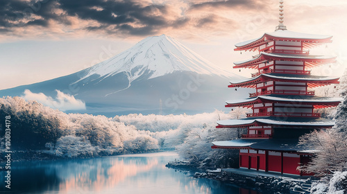 illustration red castle land mark of japan, fuji mountain in the background photo