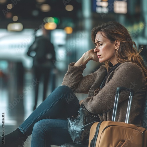 Upset woman, airport and flight delay sitting on bench in travel restrictions or plane cancelation with luggage. Angry, sad or disappointed female in frustration for missing boarding schedule time