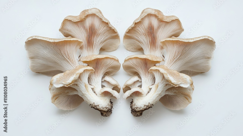 Mushrooms placed in a symmetrical pattern with room for text on a white background. Mushrooms placed in a symmetrical pattern with room for text on a white background.