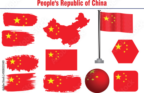 China flag icons vector set. Peoples Republic of China Brush style Flag collection. China flag labels set. Set of Chinese flag icons in different shapes