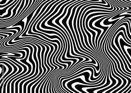 Black and white stripes. Psychedelic, hypnotic line abstract background. Vector zebra pattern. Warped waves. Monochrome illustration. Banner, wallpaper, template, print, poster. Optical illusion.