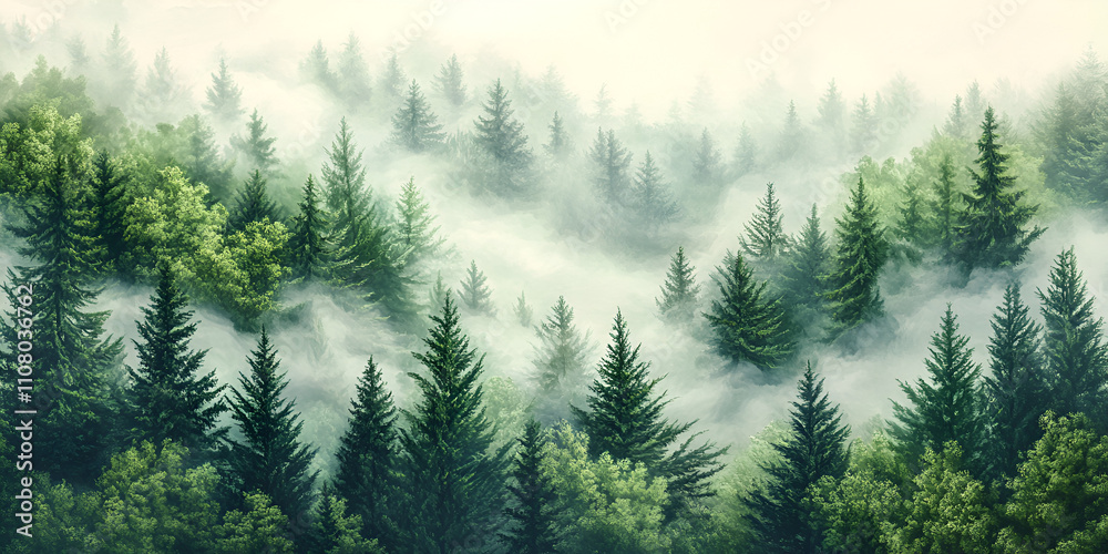 Fototapeta premium Misty Forest Landscape with Pine Trees