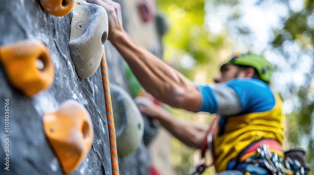 Obraz premium Climber Scaling Colorful Indoor Rock Wall with Safety Gear