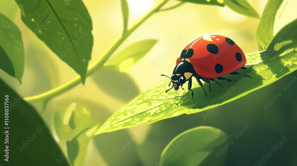 Fototapeta premium Ladybug on a leaf in sunlight.