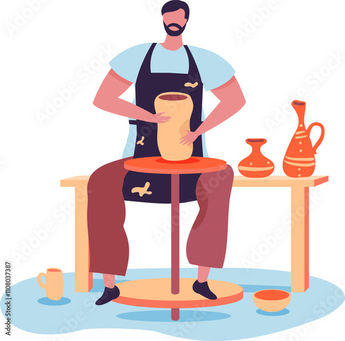 Male potter making ceramic pot on pottery wheel, surrounded by finished clay products, showcasing the artistic process of pottery
