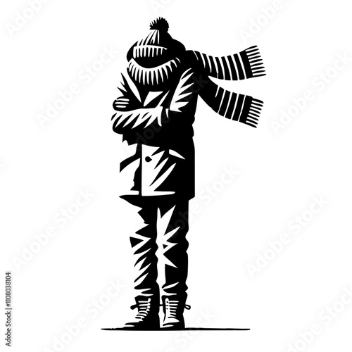 Person shivering with cold in stylish winter outfit against a plain background