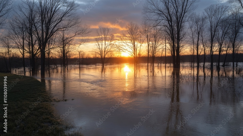 Obraz premium Serene Sunset Over a Floodplain Landscape
