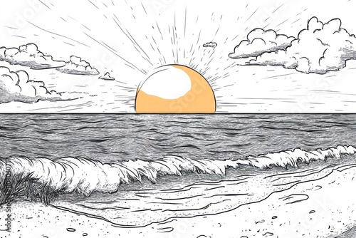 Ocean Sunset Seascape Artistic Line Drawing