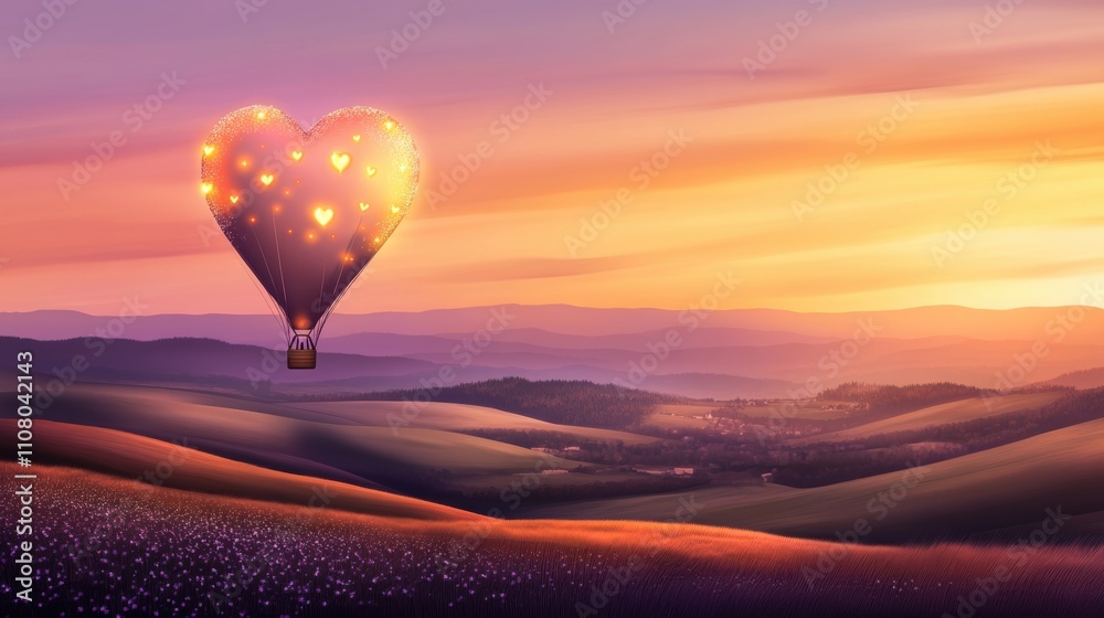 Fototapeta premium Heart-shaped hot air balloon floating serenely over rolling hills and blooming meadows, surrounded by soft glowing lights, a vibrant sunset illuminating the picturesque landscape below.