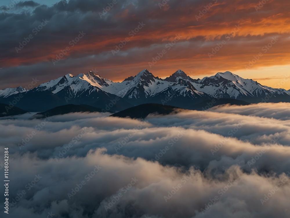 Fototapeta premium Mountains shrouded in clouds with a blue-orange sky.