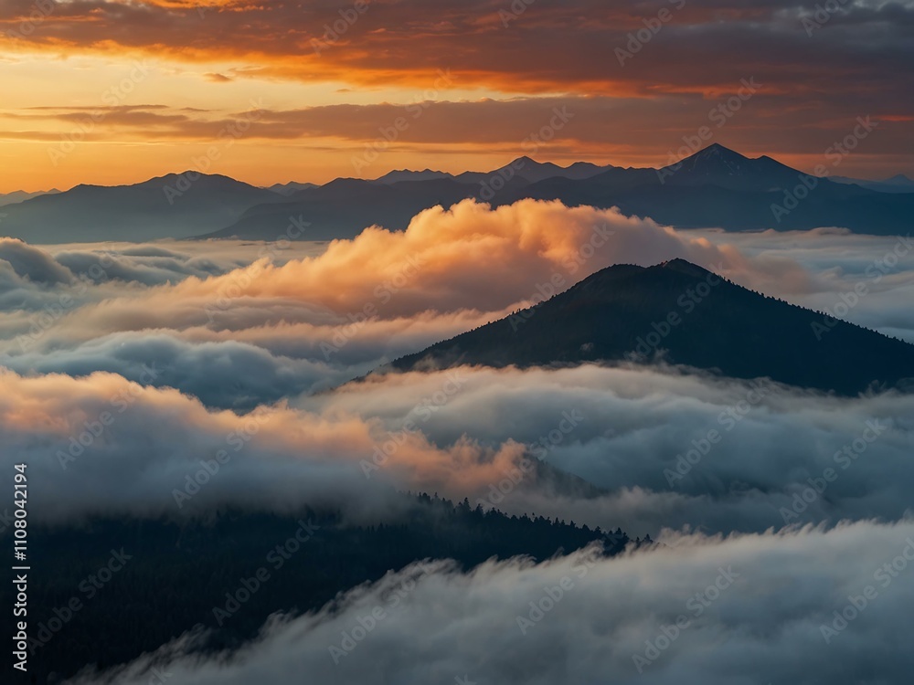 Fototapeta premium Mountains shrouded in clouds with a blue-orange sky.