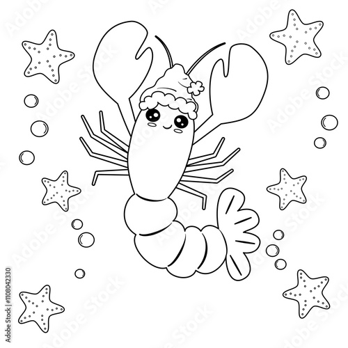 Cute hand drawn black and white cartoon character lobster with santa claus hat funny christmas holiday vector illustration with bubble and starfish for coloring art