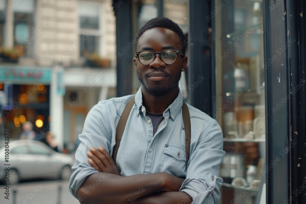 Obraz premium Black male business owner outside coffee shop.