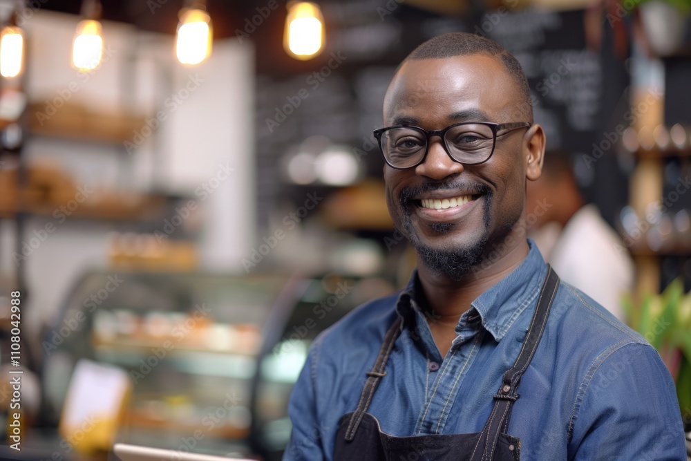 Fototapeta premium Happy Black man with tablet at coffee shop.