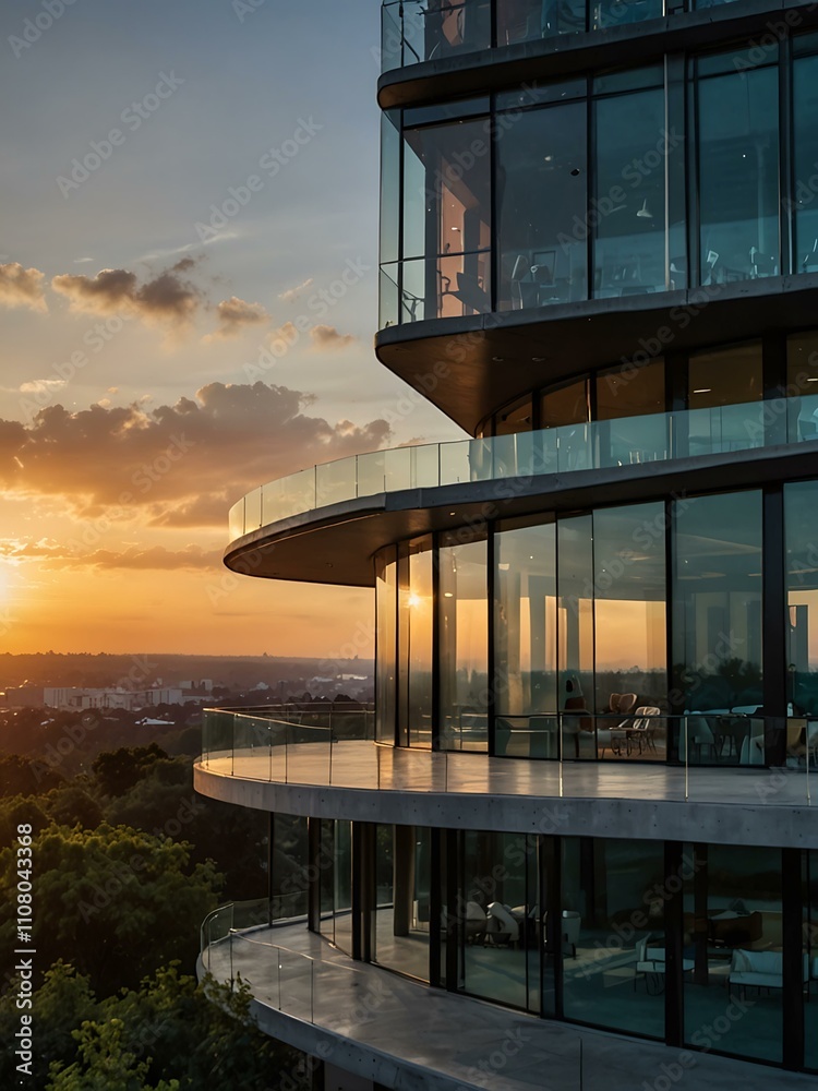 Fototapeta premium Multi-level modern building with expansive glass and sunset view.