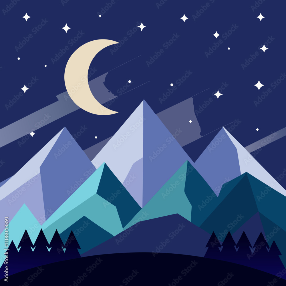 Fototapeta premium Mountains, starry sky, crescent moon