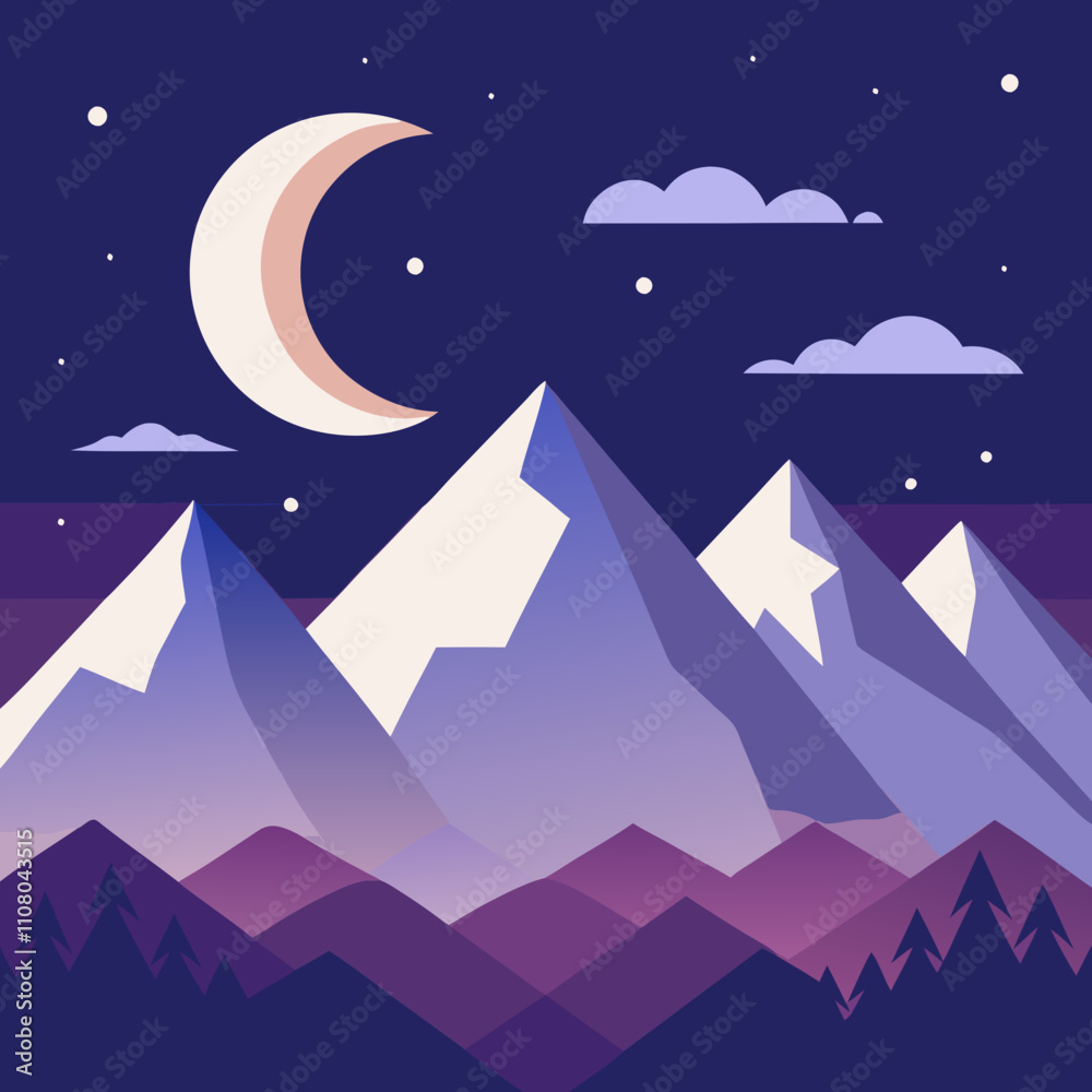 Fototapeta premium Mountains, starry sky, crescent moon