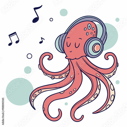 Octopus with headphones and music notes.