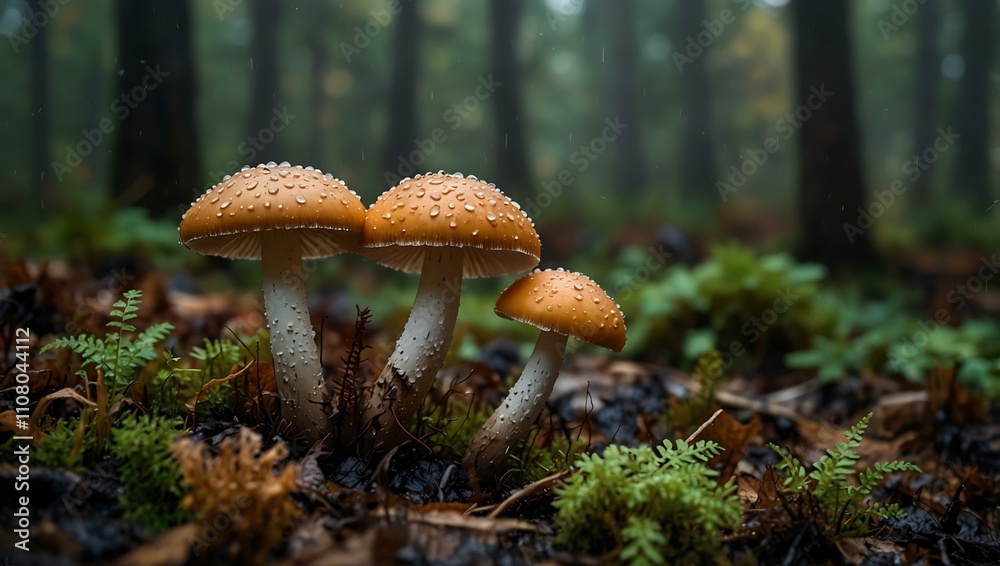 Fototapeta premium Mushrooms growing in a damp, autumn forest.