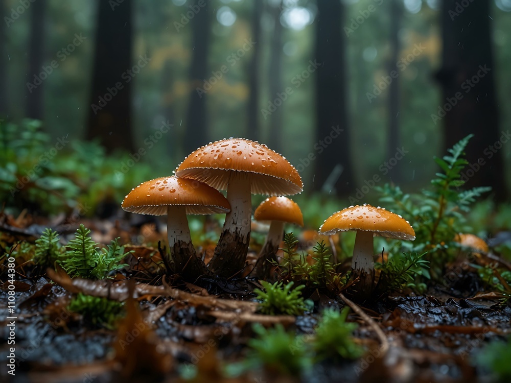 Fototapeta premium Mushrooms in a wet autumn forest.