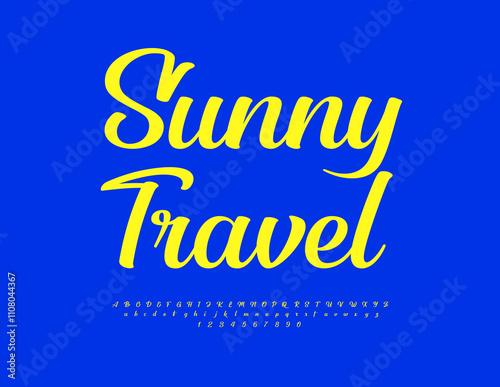 Vector touristic emblem Sunny Travel. Beautiful Cursive Font. Yellow Calligraphic Alphabet letters, Numbers and Symbols set.