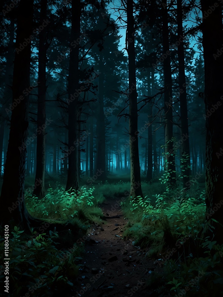 Fototapeta premium Mysterious glowing forest at night.