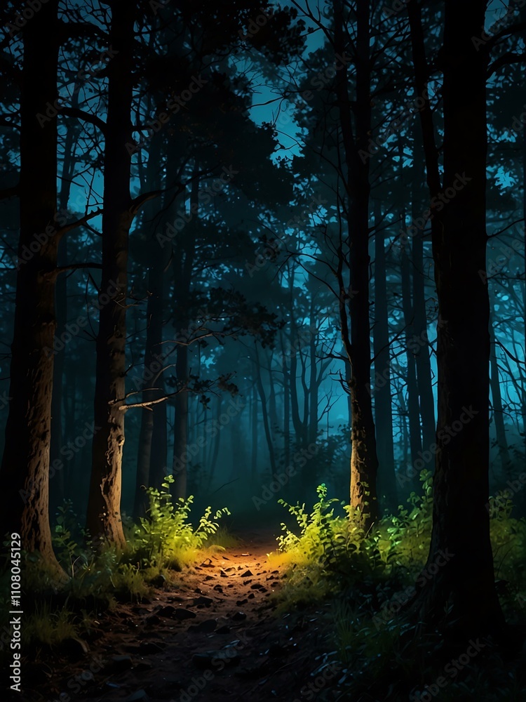 Obraz premium Mysterious glowing forest at night.
